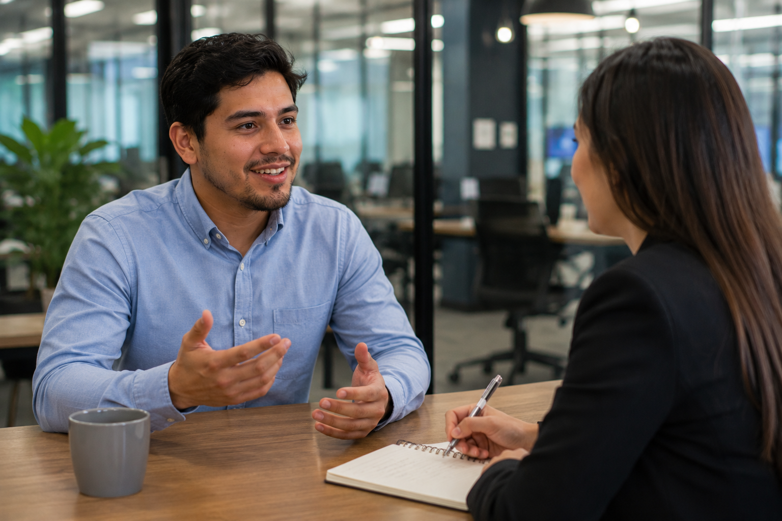 Man in blue shirt talking and gesturing during a meeting with woman taking notes in office.